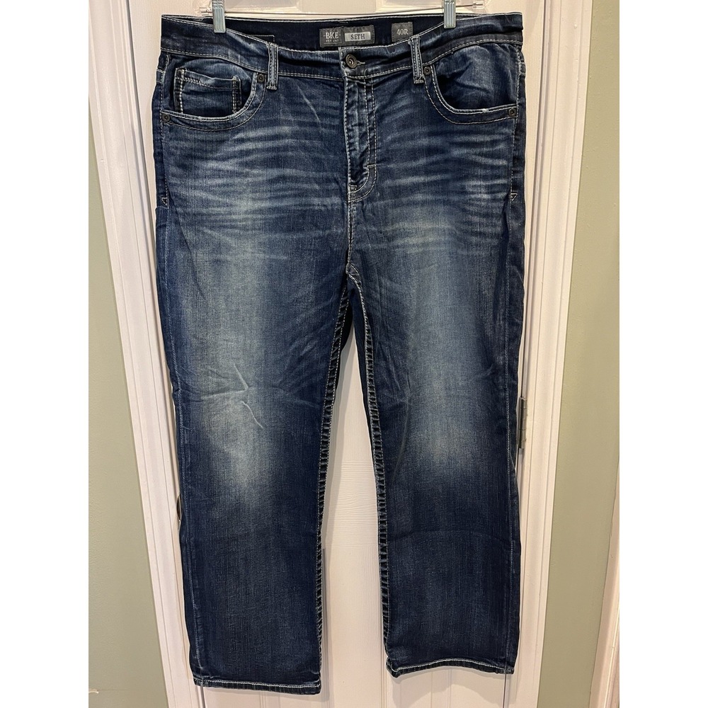 BKE Buckle Seth Jeans Mens 40R Blue Straight Leg Faded Whiskers Western Cowboy